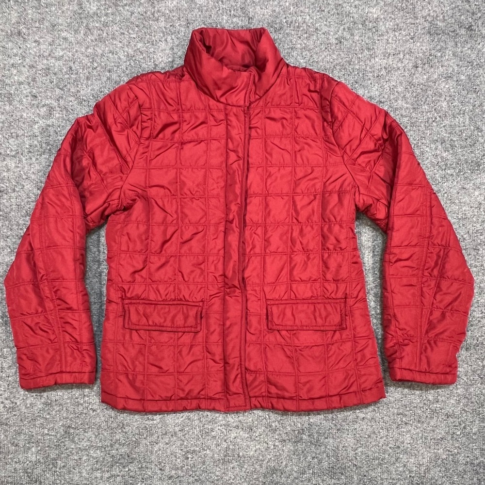 Bass Quilted Puffer Jacket Women S Red Full Zip Snap Flap Pockets Mock Neck